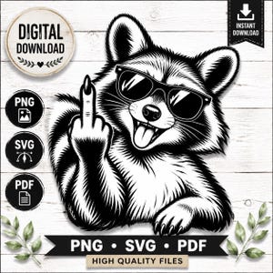 Può includere: Un'illustrazione digitale in bianco e nero di un procione con occhiali da sole, che tira fuori la lingua e fa il dito medio. L'immagine include i testi DIGITAL DOWNLOAD, PNG, SVG, PDF e HIGH QUALITY FILES.