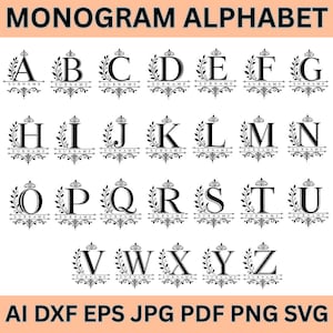 Könnte beinhalten: Ein digitales Monogramm-Alphabet-Set mit schwarzen Serifen-Großbuchstaben von A bis Z. Jeder Buchstabe ist von dekorativen schwarzen Blattverzierungen und einer horizontalen Linie umrahmt, mit dem Wort SURNAME in schwarzem Text darunter.