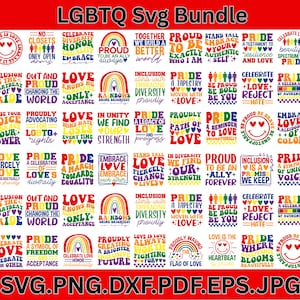 Może przedstawiać: Kolekcja wzorów SVG o tematyce LGBTQ+ z różnymi frazami i grafiką tęczy. Projekty zawierają tekst, taki jak "Love is Love", "Pride" i "Equality", w różnych czcionkach i stylach. Obraz zawiera również informacje o typie pliku.