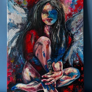Angel Artist Painting Abstract Female with Wings and Brush Portrait without eyes