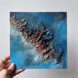 Textured mini abstract ocean art Blue Relief Wall Art 20×20 cm Acrylic small painting on canvas board Coastal Style Decor gift for sea lover