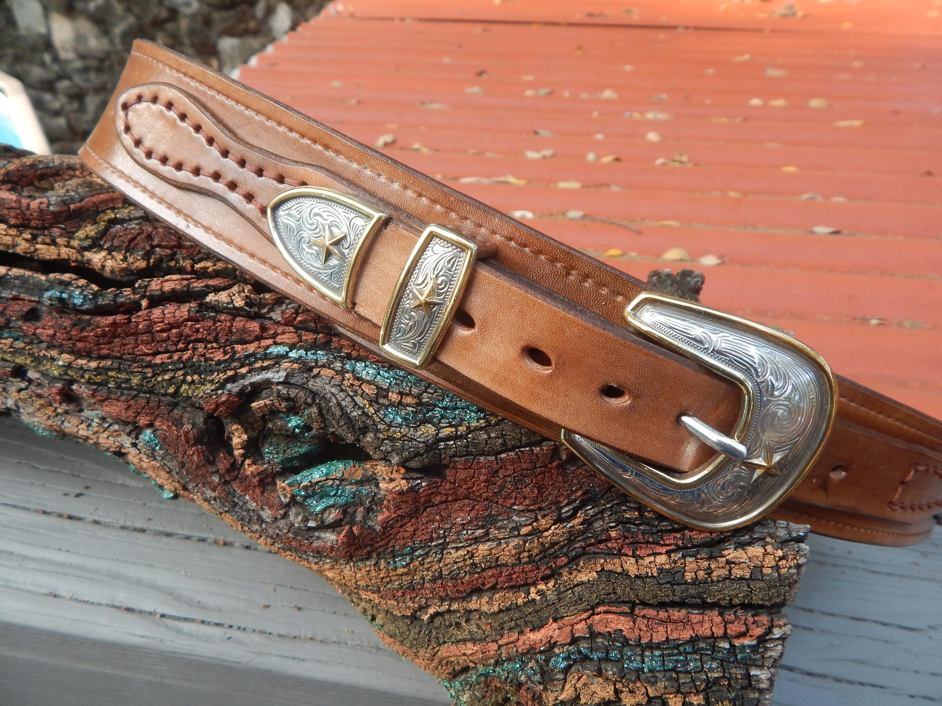 Hand Made Embossed English Bridle Leather Ranger Belt Western Buckle Set