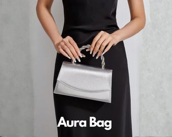 Bolso de Noche Plateado con Asa, Clutch Elegante para Bodas, Fiestas, Eventos Formales y Ocasiones Especiales