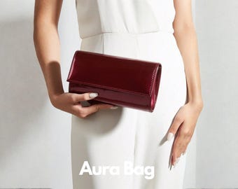 Burgundy Patent Clutch Bag, Elegant Evening Handbag, Minimalist Formal Purse for Wedding, Party and Special Events Bags, Woman Evening Bags