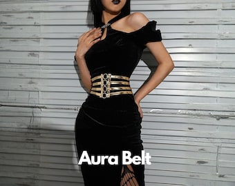 black dress with metal belt Wide Gold Waist Belt For Women, Luxury Metal Corset Belt, Elegant Statement Belt For Evening Dresses, Fashion Party Accessory
