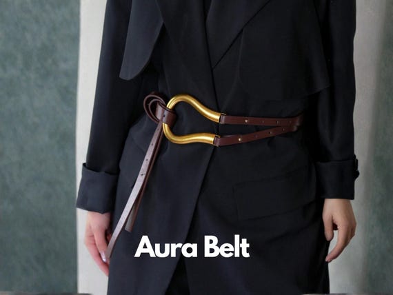 Brown Leather Fashion Belt With Large Artistic Gold Metal Buckle, Statement Waist Belt For Women, Vintage Elegant Outfit Accessory