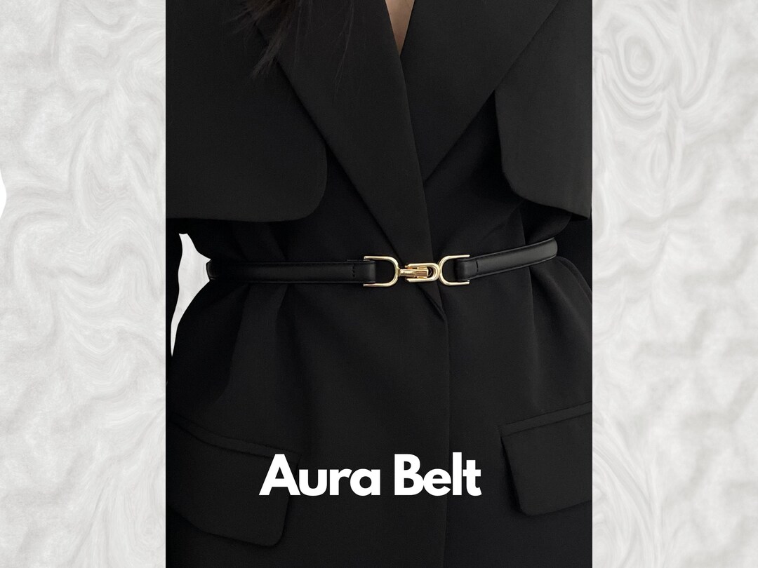 Black Thin Faux Leather Waist Belt With Gold Metal Buckle  display picture 3
