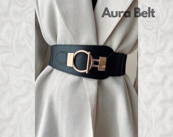 Chic & Trendy Black Elastic Waist Belt With Gold Buckle  display picture 1