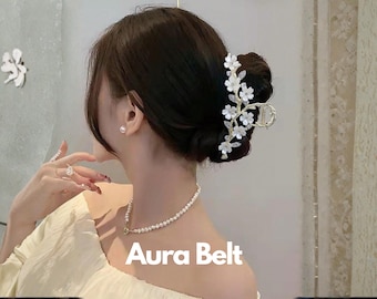 Elegant White Flower Hair Claw Clip For Women, Pearl & Crystal Floral Hair Accessory, Wedding Party Hairpin, Gift For Her
