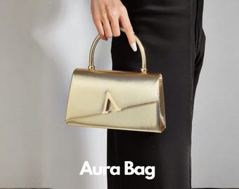 Gold Structured Top Handle Bag with Metal A Detail – Elegant Evening Handbag for Women, Luxury Wedding & Party Purse, Woman Evening Bags