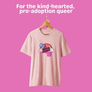 May include: A light pink t-shirt with a rainbow and cloud graphic that says "I Gays & Strays". The shirt is hanging on a wooden hanger against a pink background. The text "For the kind-hearted, pro-adoption queer" is at the top.
