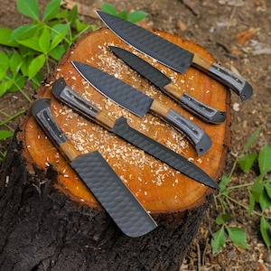 Hand Forged Damascus Chef Knife Set: Rosewood Handle, Leather Sheath