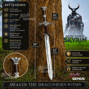Replica della spada di Skyrim forgiata a mano: da collezione di The Elder Scrolls con fodero in pelle, grande spada, regalo per lui, regalo di anniversario immagine 1