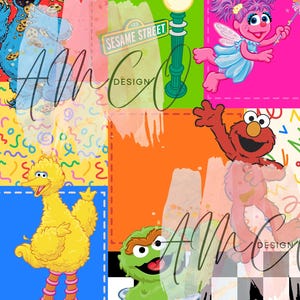 May include: A vibrant patchwork design featuring Sesame Street characters. Cookie Monster is surrounded by cookies, Big Bird stands on a blue square, and Elmo waves. The design includes a Sesame Street sign and a fairy.