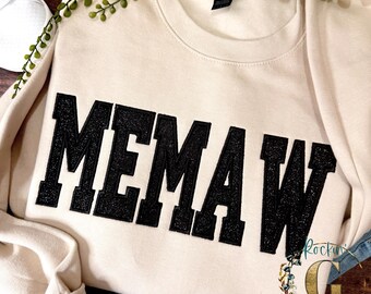 Glitter Personalized Custom Memaw Varsity Letter Sweatshirt- Gigi, Memaw, Mama, Nana, Auntie, Mother’s Day, preppy, cute, girly, sporty