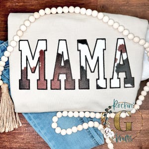 Embroidered MAMA Sweatshirt – Cow Print Letters, Custom Mom Gift, Cozy Crewneck, Mother&#39;s Day Gift, Personalized Mama Shirt, Handmade Appare