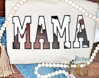 Embroidered MAMA Sweatshirt – Cow Print Letters, Custom Mom Gift, Cozy Crewneck, Mother&#39;s Day Gift, Personalized Mama Shirt, Handmade Appare