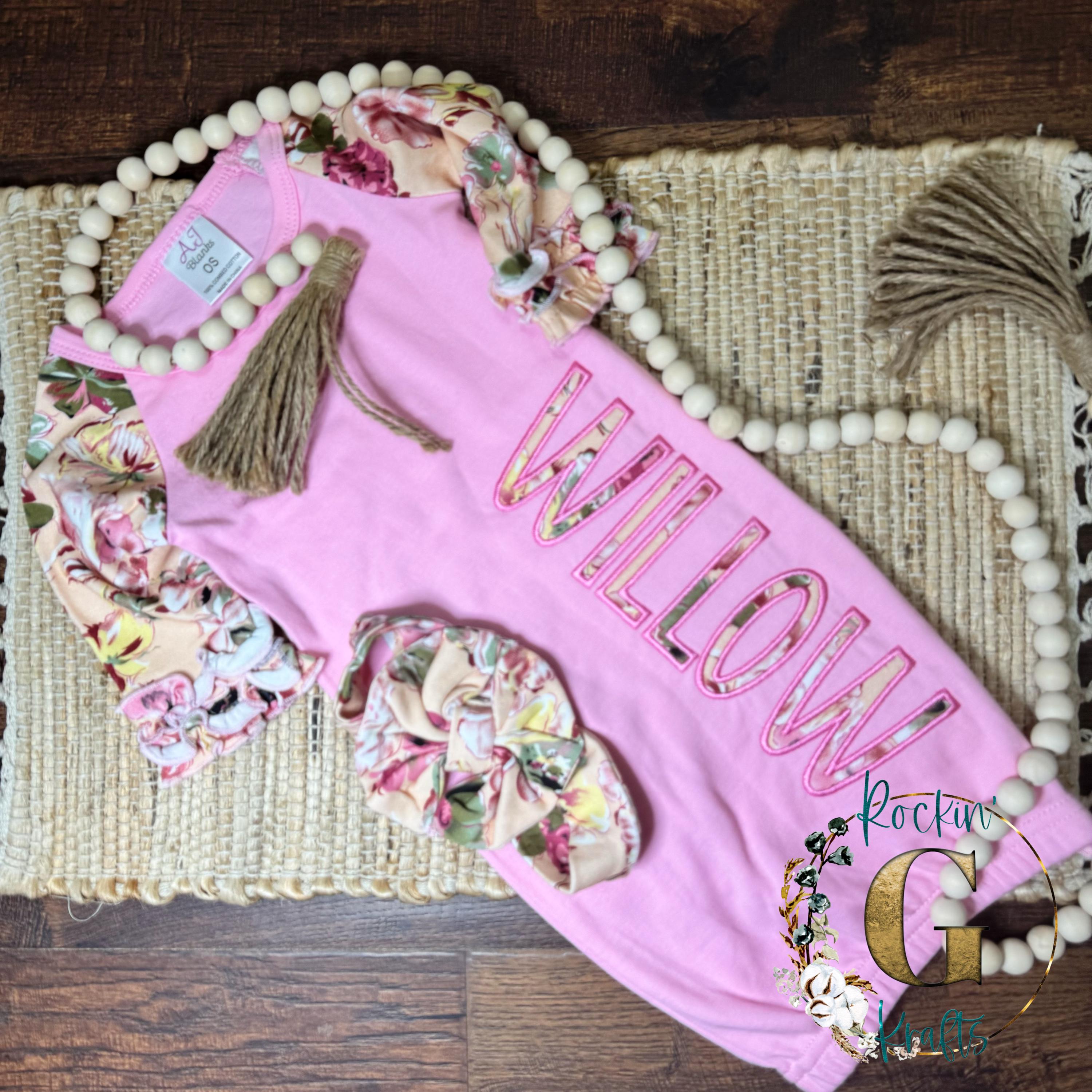 Floral Pink Ruffle Sleeve Embroidered Name Baby Gown -matching bow set -Baby Girl Coming Home Outfit, Newborn, baby shower gift