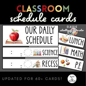 Watercolor Classroom Schedule Cards | Visual Schedule for Pocket Chart, Bulletin Board, or Magnetic Whiteboard | Classic Schoolhouse Decor