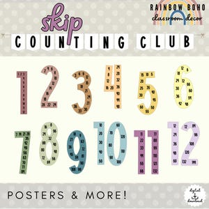 May include: A colorful educational poster set with the words "Skip Counting Club" and "Rainbow Boho Classroom Decor." The set features numbers 1-12 with skip counting sequences. The words "Posters & More!" are also displayed.