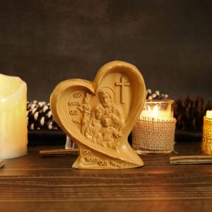 Hand Carved Wooden Holy Family Heart Statue, Christian Catholic Altar Decor , God Bless Our Home Religious Gift