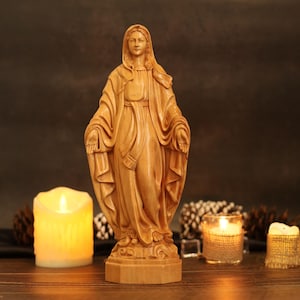 Virgin Mary Statue — Our Lady of Grace, Hand-Carved Beechwood | Catholic Religious Home Decor, Christmas Gift
