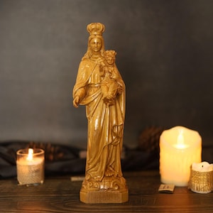 Virgin Mary & Child Jesus Statue — Hand-Carved Blessed Mother Figurine | Catholic Wood Decor, Christmas Gift