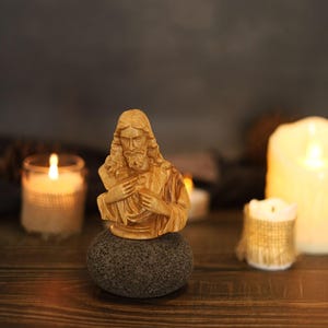 Jesus Christ Wooden Statue Handmade Sacred Heart Figurine Catholic Christian Religious Home Decor Altar Spiritual Gift