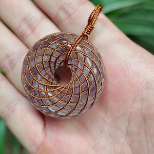 Rodin Coil Torus Pendant Copper Wrapped Amethyst Crystal Necklace Sacred Geometry Doughnut Medallion 4cm Vortex Energy Jewelry