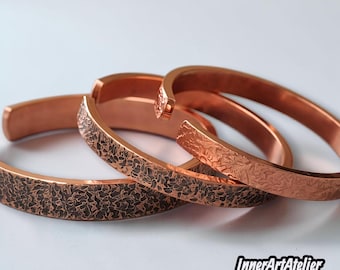 Solid Copper Cuff Bracelet – Heavy Hammered Rustic Band, Men Women Bangle
