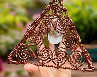 Kupferdraht Gewickelt Bergkristall Dreieck - Heilige Geometrie Wand Kunst Dekor