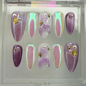 press on nails/mermaid nails/pearls and gold charms/pearl chrome nails/Erika/cateye gel nails/ 3D mermaid tail nails/handmade nails