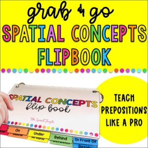 Può includere: Un colorato flipbook intitolato "SPATIAL CONCEPTS FLIPBOOK". Presenta schede con preposizioni come "Su", "Sotto" e "Dietro". Un cerchio giallo dice "INSEGNA LE PREPOSIZIONI COME UN PROFESSIONISTA".