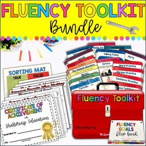 May include: A Fluency Toolkit bundle with a red toolbox, sorting mat, certificates, and a flip book. The toolkit includes resources for speech therapy, with colorful cards and the text "FLUENCY TOOLKIT BUNDLE".