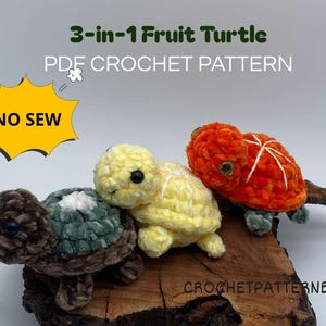 Bundle 3 in 1: Fruit Turtle Crochet Pattern  No-Sew Amigurumi Pattern