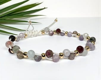 Red Tourmaline Macrame Bracelet: 18K Gold Plated Beads, Adjustable Gemstone Jewelry