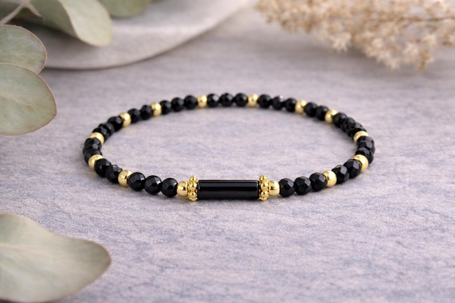 Dainty Black Onyx Bracelet, Minimalist Gold Bead Bracelet, Delicate Everyday Jewelry, Stackable Bracelet, Gift for Her