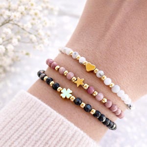 Set di bracciali con pietre preziose per donna, bracciale in rodonite, pietra di luna e labradorite, bracciali impilabili, gioielli in oro 18 carati, regalo per lei.