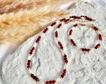 Delicato set di rubini – collana + bracciale, placcato oro 18 carati, regalo perfetto