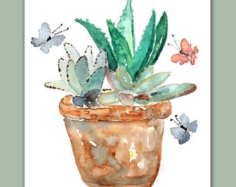 Cactus Print, Cactus Painting, Butterfly Art, southwestern decor, Plant Watercolor Print, Housewarming gift, Bathroom Wall Art