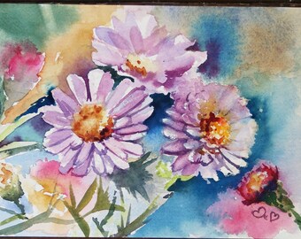 Original Watercolor, Flower Painting, Aster Painting, Spring Décor, 5x7 painting, Spring Wall Art, Purple Flowers, Watercolor Floral