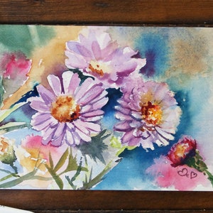 Original Watercolor, Flower Painting, Aster Painting, Spring Décor, 5x7 painting, Spring Wall Art, Purple Flowers, Watercolor Floral