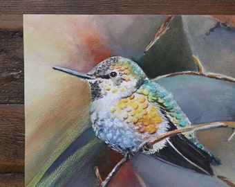 Original Hummingbird Painting,  Mixed Media Bird Art, Watercolor Hummingbird, Bird Décor, Cute Bird Wall Art, abstract Background