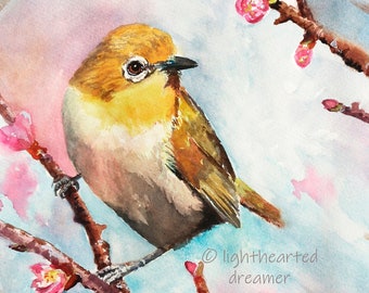 Watercolor bird, Baby Girl Nursery, Yellow Bird Print, Bird Nursery Art, Warbler Print, Spring Wall Art, Blossoms Painting