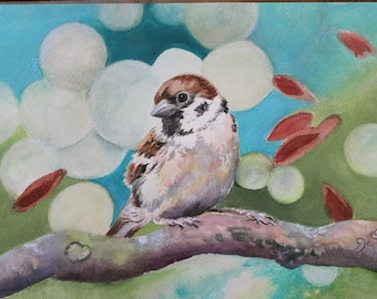 Original Sparrow Painting,  Mixed Media Bird Art, Bathroom Wall Art,  Bird Décor, Cute Bird Wall Art, abstract Background, Woodland Décor