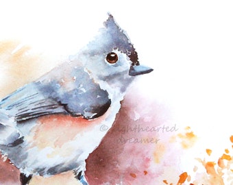 Watercolor birds, Titmouse Watercolor, Bird Art Print, Tufted Titmouse, Autumn Wall Art,  Bird wall art, Bird Décor