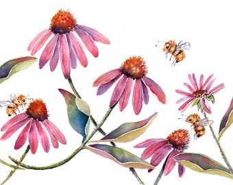 watercolor flowers, Watercolor Bee Print,  Echinacea Print, Floral Art Print, Cone Flower Painting, Bee art, Summer Décor, Bedroom décor