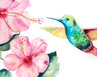 Hummingbird Print, Tropical Décor, hummingbird wall art, Bedroom Décor Teens, Watercolor Birds, hibiscus, Bedroom wall art, Bright Wall Art