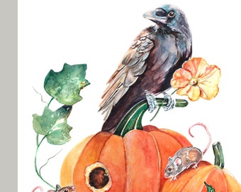 Raven Print, Watercolor Bird Art, Fall Bird Print, Halloween Wall Art,  Watercolor Pumpkin Painting, Autumn Wall Art, Autumn Décor