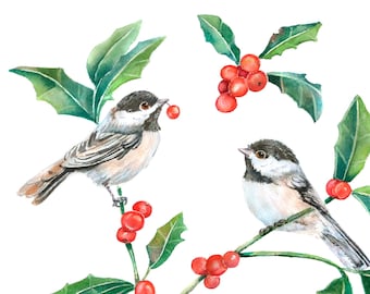 Winter Bird Painting, Chickadee Print, Winter Décor, Watercolor Chickadee, Holiday décor, Bird Gift, Mistletoe, Holly, Winter Wall Art